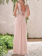Sheath / Column Bridesmaid Dress Cowl Neck Sleeveless Elegant Floor Length Chiffon / Sequined with Sequin / Ruching - RongMoon