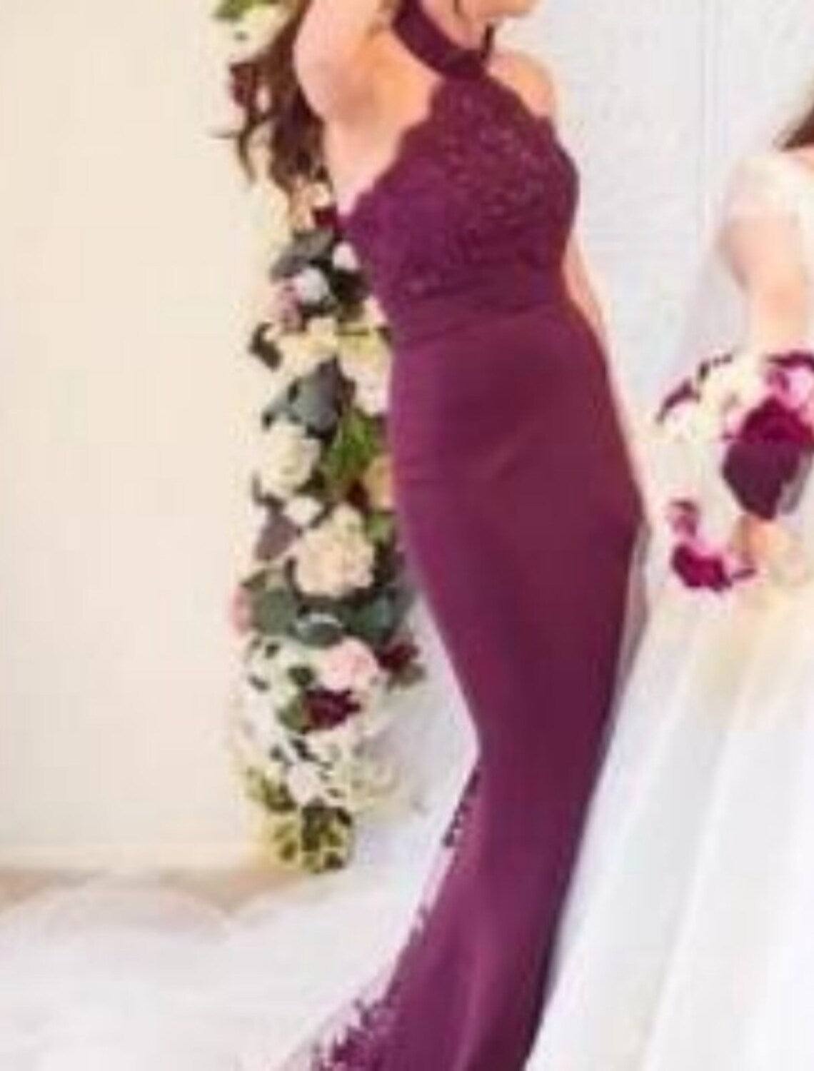 Mermaid / Trumpet Bridesmaid Dress Halter Neck Sleeveless Elegant Court Train Chiffon / Lace with Sequin / Solid Color - RongMoon