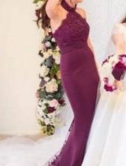 Mermaid / Trumpet Bridesmaid Dress Halter Neck Sleeveless Elegant Court Train Chiffon / Lace with Sequin / Solid Color - RongMoon