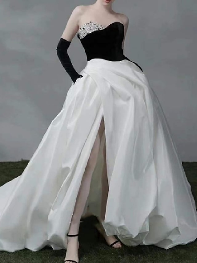 White Satin Ball Gown Beading Prom Dress