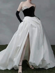 White Satin Ball Gown Beading Prom Dress