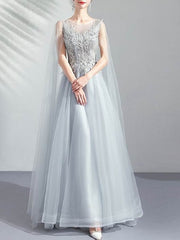 Gray Long Sleeve Tulle Beading Prom Dress