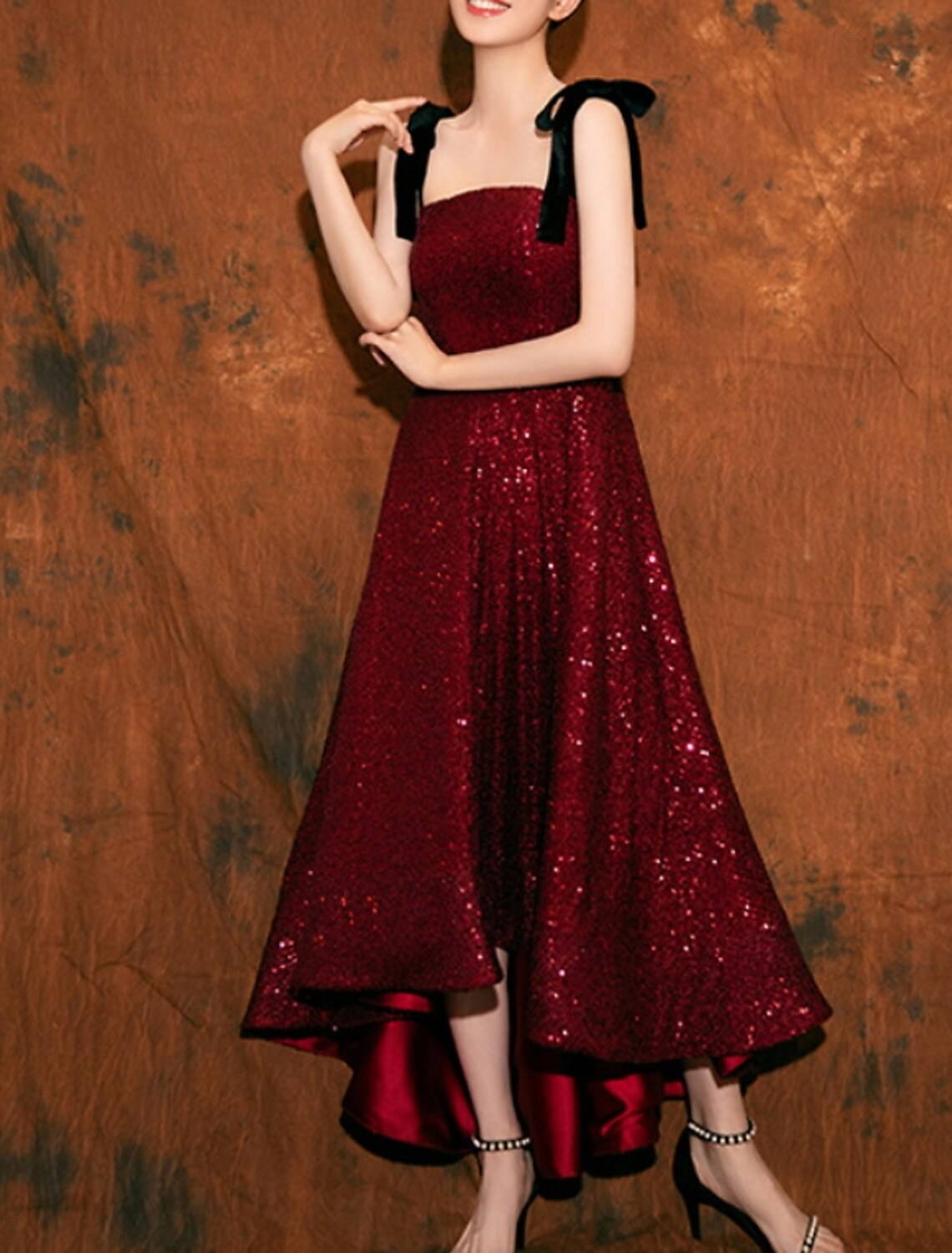A-Line Bridesmaid Dress Spaghetti Strap / Strapless Sleeveless Elegant Asymmetrical / Ankle Length Sequined with Pleats - RongMoon
