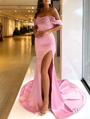 Ruched Slit Pink Off The Shoulder Pink Prom Formal Dress