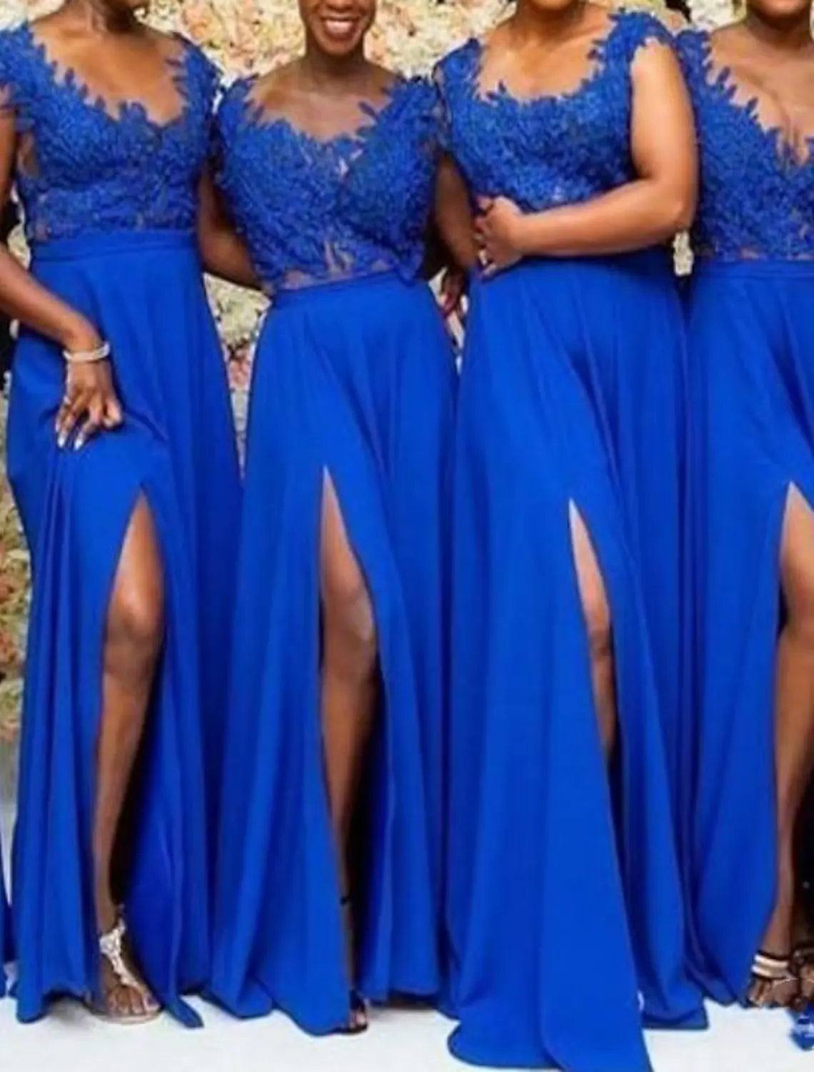 A-Line Bridesmaid Dress V Neck Sleeveless Elegant Floor Length Chiffon / Lace with Split Front / Solid Color - RongMoon